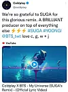 British rock band Coldplay's tweet thanking BTS member Suga for producing a remix track of their collaborative track ″My Universe″ [SCREEN CAPTURE]