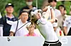 Cho A-yean tees off on the 17th hole during the Hoban Seoul Shinmun Women's classic at H1 Club in Incheon, Gyeonggi on Sunday. [KLPGA]