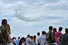The Korean Air Force's aerobatic flight team Black Eagles demonstrate their flight skills over an air base in Poland on Wednesday. Poland plans to buy 48 FA-50 fighter jets from South Korea. [YONHAP]