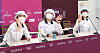 Kang Chae-young (left), Jang Min-hee and An San pose for the cameras at their press conference after making it through the women's ranking round, on Friday. [YONHAP]