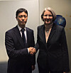 Youn Jong-kwon, left, the Korean Foreign Ministry's director-general for international security, and Marjolijn Van Deelen, the EU's special envoy for space, pose for a photo during their meeting in Brussels on March 10. [MINISTRY OF FOREIGN AFFAIRS]