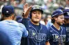 Choi Ji-man of the Tampa Bay Rays celebrates after scoring a run against the Detroit Tigers during the top of the 10th inning at Comerica Park in Detroit, Michigan on Sunday. The Rays lost the game 8-7 after the Tigers pulled ahead at the bottom of the 11th. [AFP/YONHAP]