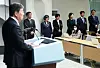 Presidential chief of staff Kim Dae-ki, left, announces a Cabinet reshuffle in a press briefing at the Yongsan presidential office in central Seoul on Monday, while the six new minister candidates, standing to the right, listen. [NEWS1]