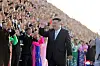 Kim Jong-un meets with North Korean who had taken part in the parade commemorating the 75th anniversary of North Korea, held on Saturday at the Kumsusan Palace of the Sun. [KOREAN CENTRAL NEWS AGENCY]