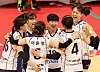 Gimcheon Korea Expressway Hi-Pass players celebrate after winning a V League game 3-0 against the Gwangju AI Peppers at Pepper Stadium in Gwangju on Tuesday. [YONHAP]