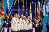 Veterans of the 1950-53 Korean War read a statement together at the ceremony to commemorate the 73rd anniversary of the outbreak of the war at the Jangchung Gymnasium in Seoul on Sunday. The veterans are wearing uniforms specially designed for them by the Ministry of Patriots and Veterans Affairs. [YONHAP]