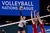 Park Jeong-ah plays the ball in a 2021 Women’s Volleyball Nations League match against Poland on Monday in Rimini, Italy. [FIVB]