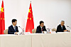 Chinese Ministry of Commerce spokesperson He Yadong, Chinese trade negotiator Li Chenggang and Deputy Director of the Cyberspace Administration of China Wang Jingtao hold a press conference on the day of U.S.-China talks on trade, economic and national security issues, in Madrid, Spain, on Sept. 15. [REUTERS/YONHAP]