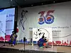 A Mongolian calligrapher paints live on stage as a musician performs on the traditional instrument morin khuur at the Mongolian Embassy’s reception celebrating the 35th anniversary of Mongolia–Korea diplomatic ties on Nov. 21. [SEO JI-EUN]