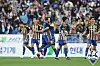 Ulsan Hyundai players celebrate after Valeri Qazaishvili's equalizer during a K League game against the Pohang Steelers at Ulsan Munsu Football Stadium in Ulsan on Saturday. [YONHAP]