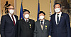 From left, Ambassador of France to Korea Philippe Lefort; Park Dong-ha and Park Moon-joon, veterans of the Korean War (1950-53) who served with the French Battalion; and Hwang Ki-chul, minister of patriots and veterans affairs, celebrate the presentation of La Medaille Militaire to Park Dong-ha and Park Moon-joon for their meritorious service and acts of bravery during the war at the French Embassy in Seoul on Thursday. [PARK SANG-MOON]