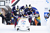 The Korean four-man bobsleigh team, piloted by Won Yun-jong, front, starts a race during the International Bobsleigh & Skeleton Federation (IBSF) World Cup in St. Moritz, Switzerland, on Sunday. The quartet finished 10th out of 24 teams, there best result of the season, with a time of 2:10.28.  [AP/YONHAP]