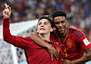 Spain's Gavi, left, celebrates scoring their fifth goal in a game against Costa Rica at Al Thumama Stadium in Qatar on Wednesday. [EPA/YONHAP]