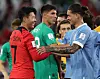 Son Heung-min, left, shakes hands with Darwin Nunez after a Group H match between Korea and Uruguay at the 2022 Qatar World Cup at Education City Stadium in Doha, Qatar on Nov. 24, 2022. [YONHAP]