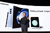 Samsung Electronics President Roh Tae-moon holds up the newest foldable smartphones - Galaxy Z Fold 5 and Z Flip 5 - at the Galaxy Unpacked event held Wednesday in COEX in southern Seoul. [SAMSUNG ELECTRONICS]