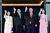 Korean President Yoon Suk Yeol, center right, and first lady Kim Keon-hee, wave with Japanese Prime Minister Fumio Kishida, center left, and first lady Yuko Kishida in a welcoming ceremony at the Yongsan presidential office in central Seoul Sunday ahead of their bilateral summit. [JOINT PRESS CORPS]