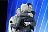 Nvidia CEO Jensen Huang and Samsung Electronics Executive Chairman Lee Jae-yong embrace as Hyundai Motor Group Executive Chair Euisun Chung looks on during an event at COEX in southern Seoul marking the 25th anniversary of Nvidia’s GeForce GPU launch on Oct. 30. [JOINT PRESS CORPS]