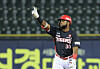 Socrates Brito of the Kia Tigers celebrates after picking up a two-run knock in a game against the LG Twins at Jamsil Baseball Stadium in southern Seoul on Oct. 4.  [YONHAP]