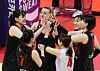 The Gwangju Pepper Savings Bank AI Peppers celebrate during a V League game against the Heungkuk Life Insurance Pink Spiders at Pepper Stadium in Gwangju on Jan. 16. [YONHAP]