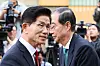 Kim Moon-soo, the presidential candidate of the People Power Party, and former Prime Minister Han Duck-soo depart after a meeting in Seoul on May 8. [NEWS1]