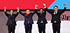 Final candidates for the new ruling People Power Party leader attending a joint campaign speech at a stadium in Gyeonggi. [YONHAP]