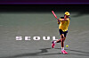 Kwon Soon-woo competes against Chung Yun-seong during the first round of the Eugene Korea Open on Tuesday at Olympic Park Tennis Center in southern Seoul. [YONHAP]