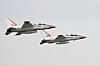 Two T-50 trainers take off from the 1st Fighter Wing base of the Air Force in Gwangju in early May this year. The T-50 trainers are domestic supersonic advanced trainers from which the T-50i trainers are modeled. [YONHAP]