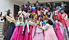 Diplomats from 25 countries dressed in hanbok take selfies in front of Kyung Hee University’s Institute of International Education in Dongdaemun, Seoul, Thursday. The diplomats attended a 12-week Korean language and culture program by the Korea Foundation that began on March 8. The attendees not only participated in various Korean cultural programs such as taekwondo and K-pop dancing, but also visited major Korean heritage sites including Gyeongbok Palace and the DMZ. [YONHAP]