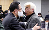 People Power Party (PPP) floor leader Joo Ho-young, left, tries to comfort Lee Jong-cheol, head of an association of families of victims of the Itaewon disaster, at the National Assembly in Yeouido, western Seoul, on Tuesday. [JOINT PRESS CORPS]