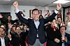 People Power Party Rep. Kwon Young-se hurrahs after confirming his close victory to represent Seoul's Yongsan District at an election office on Thursday. [NEWS1]