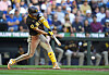 San Diego Padres' Kim Ha-seong hits a single against the Seattle Mariners during the third inning of a game at T-Mobile Park in Seattle on Wednesday, pushing his hitting streak to 15 games.  [AP/YONHAP]