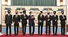 President Moon Jae-in, fourth from left, and members of BTS pose for a commemorative photo at the Blue House in central Seoul Tuesday in a ceremony appointing the boy band as a special presidential envoy for future generations and culture. BTS will partake in a session of the UN General Assembly headquartered in New York with Moon next week. [JOINT PRESS CORPS]