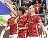 Jeong Woo-yeong, left celebrates with his teammates after scoring against Hoffenheim on Saturday at Prezero-Arena in Sinsheim, Germany. [SCREEN CAPTURE]