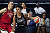Seattle Storm's Candice Dupree drives past Las Vegas Aces' Park Ji-su in the second half of a WNBA basketball game on Saturday at the Angel of the Winds Arena in Washington. [AP]