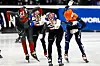Lee Yu-bin beat Courtney Sarault of Canada and Suzanne Schulting of the Netherlands during the 1500-meter semi-finals at the ISU World Cup Short Track Speed Skating in Dordrecht, The Netherlands on Saturday. [AFP/YONHAP]