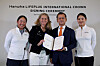 From left to right, LPGA golfer Mina Harigae, LPGA Commissioner Mollie Marcoux Samaan, President and CEO of Hanwha Life Yoo Seung-joo and LPGA golfer Ryu So-yeon pose for a photo during a signing ceremony after the LPGA announced that the Hanwha Lifeplus International Crown will return in 2023 at TPC Harding Park on Tuesday in San Francisco, California. [GETTY IMAGES/LPGA]