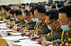 North Korean military officials take part in a meeting at the Eighth Workers' Party Congress in Pyongyang on Monday, according to this state media photograph. Delegates wear face masks, unlike in sessions headed by Kim Jong-un. [NEWS1]