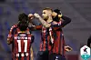 Lars Veldwijk of Suwon FC, center, celebrates scoring a goal during a match against Seongnam FC at Suwon stadium in Suwon, Gyeonggi on Wednesday. [YONHAP]