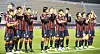 Suwon FC players celebrate beating Seongnam FC at Suwon stadium in Suwon, Gyeonggi on Wednesday to secure their place in the top tier next season. [NEWS1]