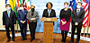 U.S. Ambassador to the UN Linda Thomas-Greenfield, center, issues a statement with ambassadors of five other countries condemning North Korea’s missile launch in New York Monday. [UNITED NATIONS WEB TV]