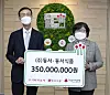 Choi Sang-in, associate vice president of Dongsuh Foods, left, and Kim Youn-soon, secretary general of Community Chest of Korea, during the donation event held in central Seoul on Thursday. [DONGSUH]