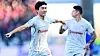 Hwang In-beom, left, celebrates in a photo uploaded on Olympiacos' official website after scoring his debut goal for the Greek club in a Super League game against Volos at the Panthessaliko Stadium on Jan. 8. [SCREEN CAPTURE]