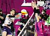 Park Jeong-ah, left, attacks during the fifth leg of the 2022-23 V League championship between the Gimcheon Korea Expressway Hi-Pass and the Incheon Heungkuk Life Pink Spiders at Incheon Samsan World Gymnasium in Incheon on April 6. [YONHAP]