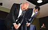 Kakao co-CEOs Namkoong Whon, left, and Hong Eun-taek bow in apology after the company’s services crashed over the weekend at a press conference held Wednesday morning at the company's office in Pangyo, Gyeonggi. [WOO SANG-JO]