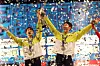Kim Sun-woo, left, and Jun Woong-tae of Korea celebrate after winning the mixed relay event at the UIPM 2022 Pentathlon World Championships in Alexandria, Egypt on Sunday. [XINHUA/YONHAP]