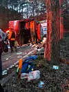 The damaged bus that had 35 passengers including Israeli tourists, after flipping over in Chungju, North Chungcheong, on Thursday. [YONHAP]
