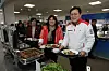 From right: Co-head of the Gangwon 2024 Winter Youth Olympics Organizing Committee Choi Jong-ku; Second Vice Minister of Sports Jang Mi-ran and Vice Minister of Food and Drug Safety Kim Yoo-mi wait in line at the Gangneung-Wonju National University cafeteria in Gangneung, Gangwon on Wednesday to eat a sample of the food that will be served to athletes during the Gangwon Youth Olympics set to begin on Jan. 19. [PARK SANG-MOON]