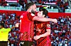 Mallorca midfielder Lee Kang-in, right, celebrates with his teammate Vedat Muriqi after scoring during a La Liga match against Athletic Club at Son Moix stadium in Mallorca, Spain on Monday. [EPA/YONHAP]