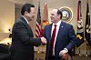 Korean Ambassador to the United States Cho Hyun-dong, left, meets with U.S. Secretary of the Navy John Phelan in Washington on April 23. [YONHAP]