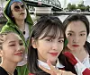 From left, Mimi, Lee Young-ji, An Yu-jin and Lee Eun-ji pose for a selfie on the set of tvN's ongoing game show 'Earth Arcade' [INSTAGRAM SCREEN CAPTURE]